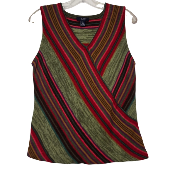 Chaps Tops - Chaps Colorful Striped Linen/Cotton Knit Wrap-Front Sleeveless Sweater Size L